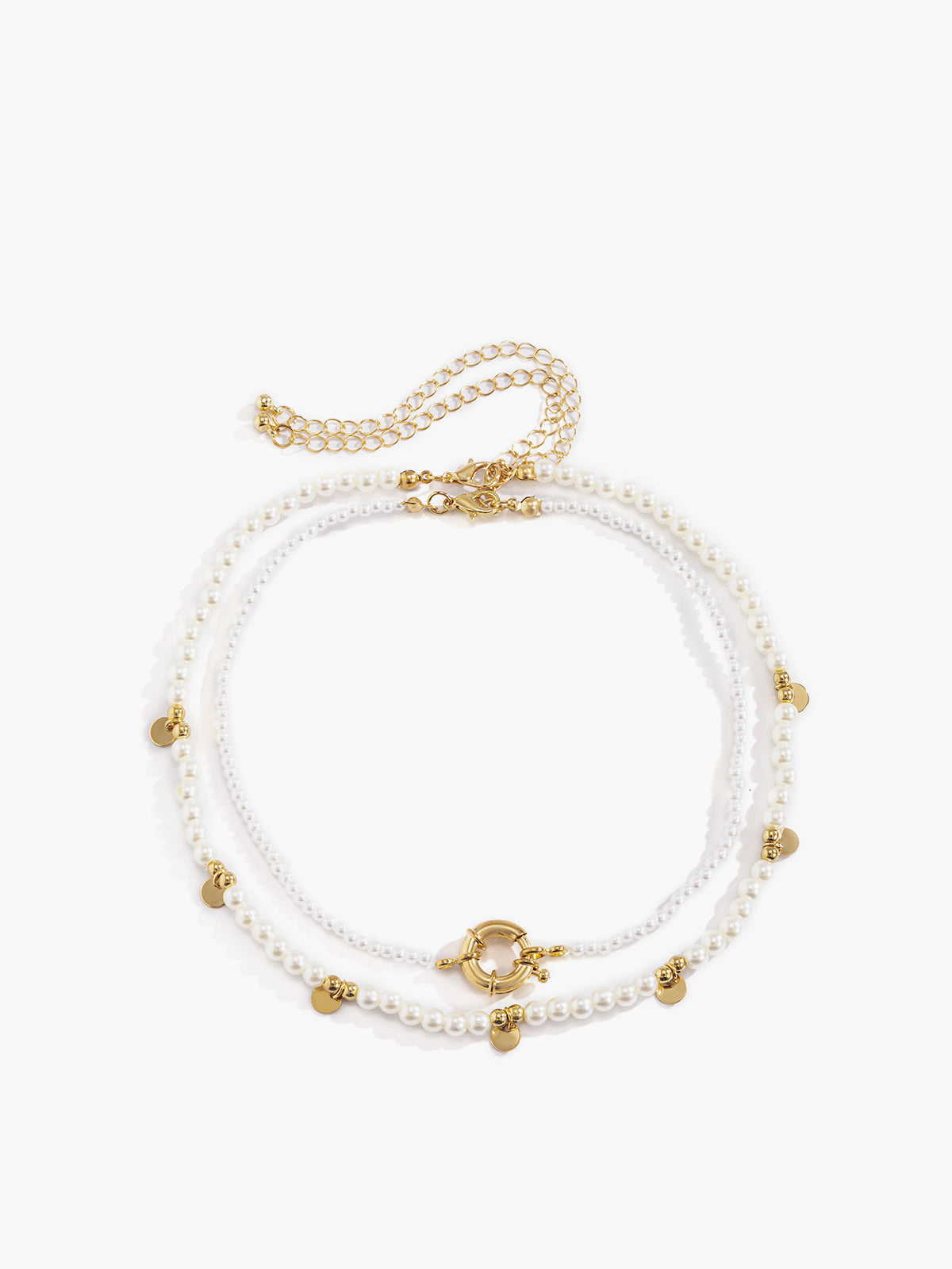 Colar Dueto Pearl - Pérolas Brancas com Pingentes Dourados e Fecho Circular