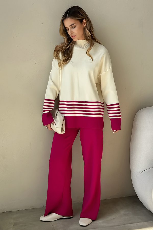 Conjunto Liora Listrado - Tricô Minimalista com Gola Alta (2 peças)