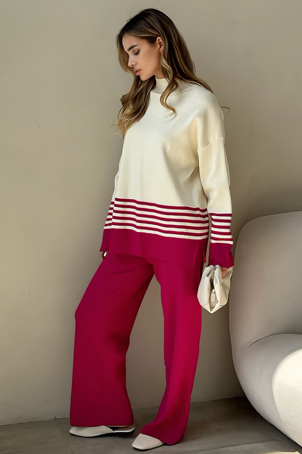 Conjunto Liora Listrado - Tricô Minimalista com Gola Alta (2 peças)