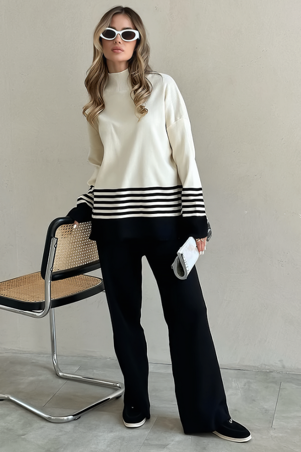 Conjunto Liora Listrado - Tricô Minimalista com Gola Alta (2 peças)