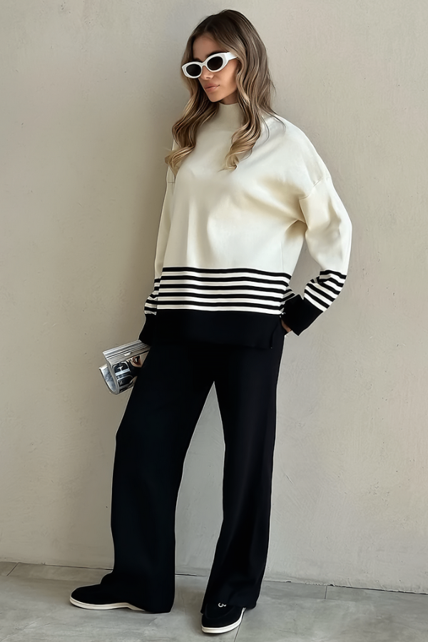 Conjunto Liora Listrado - Tricô Minimalista com Gola Alta (2 peças)