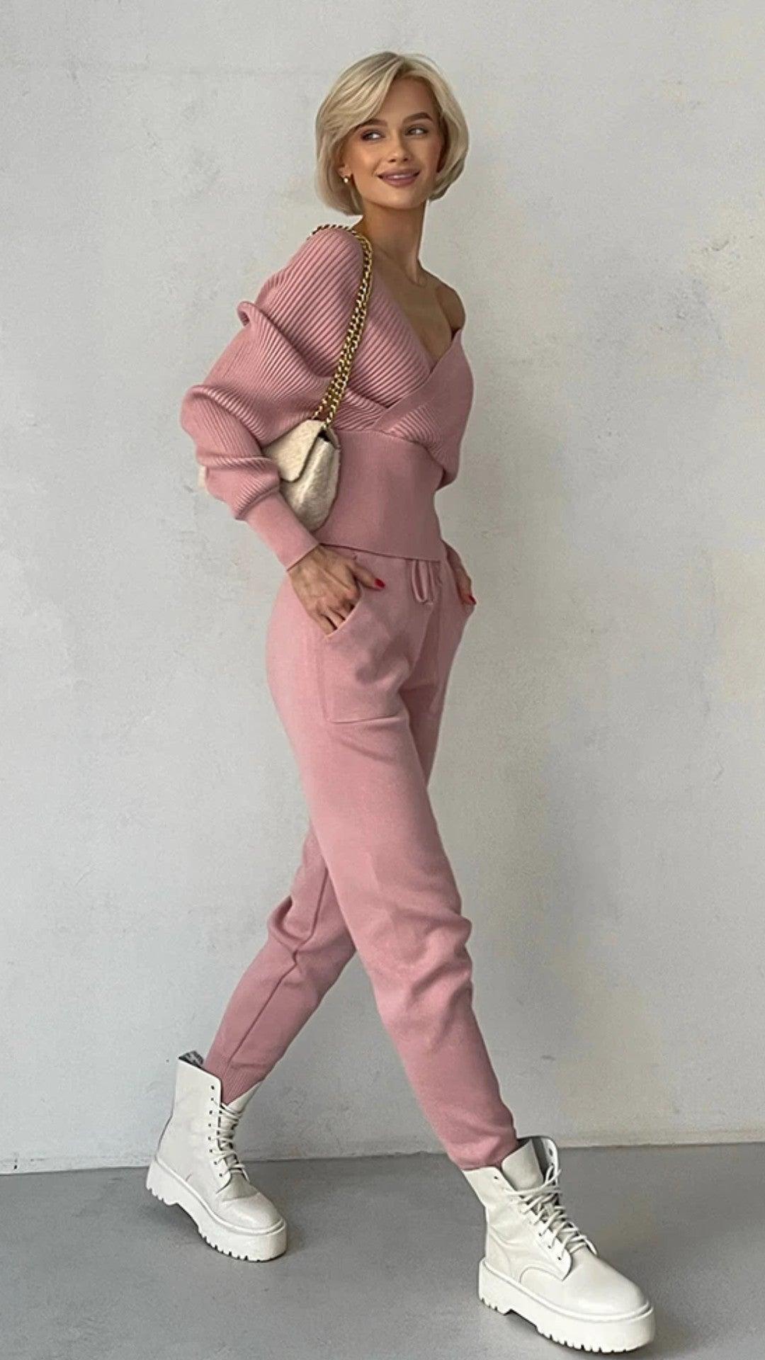 Conjunto Eloise - Tricô Modal com Blusa Transpassada e Calça (2 peças)