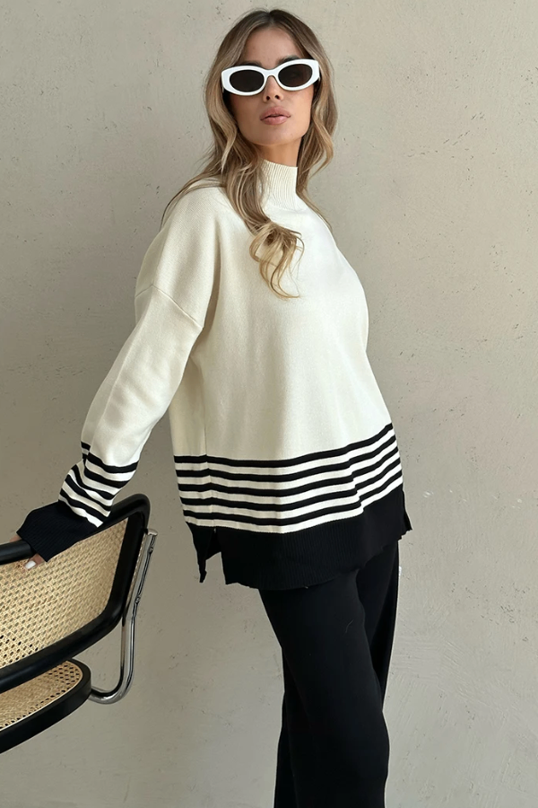 Conjunto Liora Listrado - Tricô Minimalista com Gola Alta (2 peças)