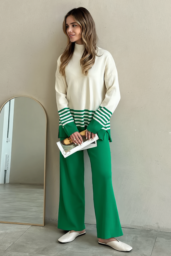 Conjunto Liora Listrado - Tricô Minimalista com Gola Alta (2 peças)