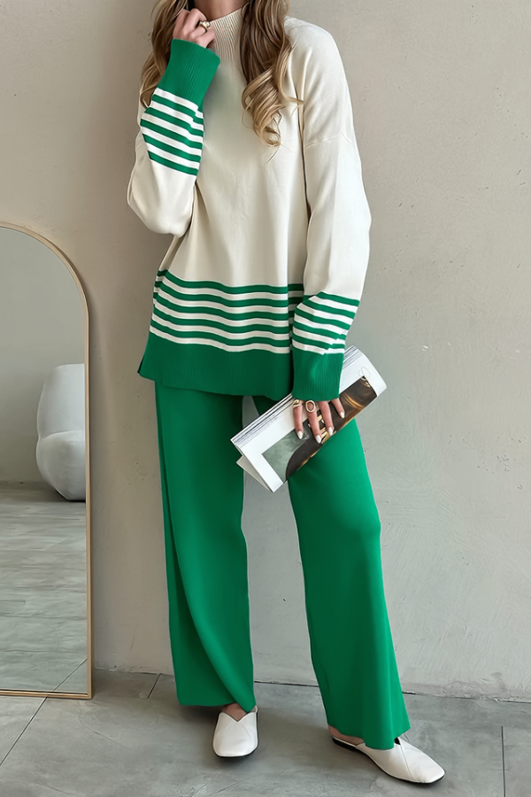 Conjunto Liora Listrado - Tricô Minimalista com Gola Alta (2 peças)