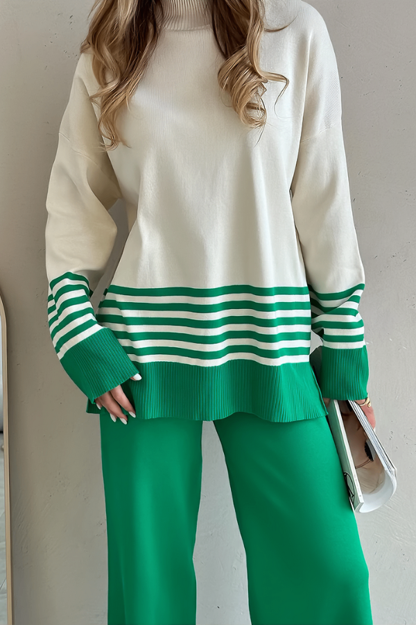 Conjunto Liora Listrado - Tricô Minimalista com Gola Alta (2 peças)