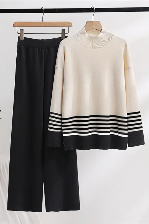 Conjunto Liora Listrado - Tricô Minimalista com Gola Alta (2 peças)