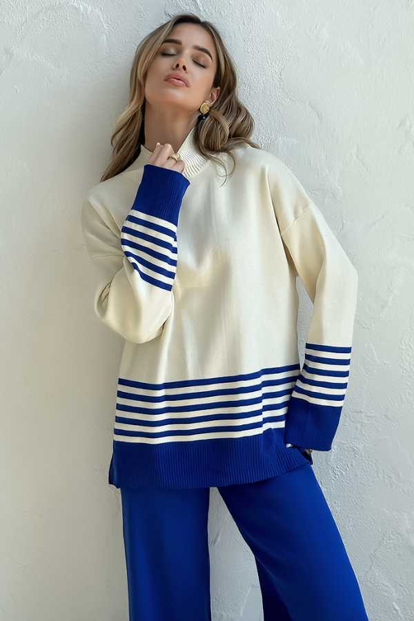 Conjunto Liora Listrado - Tricô Minimalista com Gola Alta (2 peças)