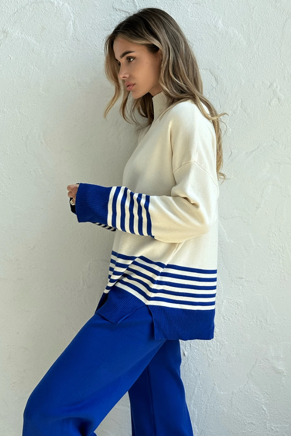 Conjunto Liora Listrado - Tricô Minimalista com Gola Alta (2 peças)