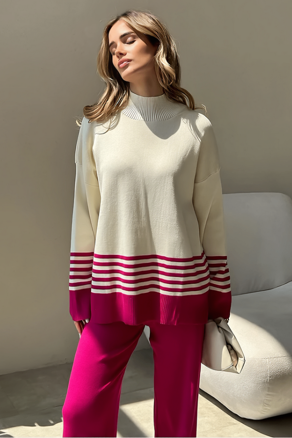 Conjunto Liora Listrado - Tricô Minimalista com Gola Alta (2 peças)