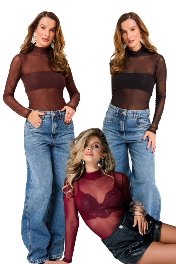 Body Tule Feminino Gola Alta e Manga Comprida (3 peças)